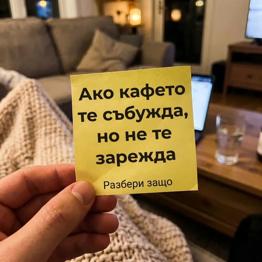 A hand holding a yellow note asking what to do when coffee wakes you but does not charge you.