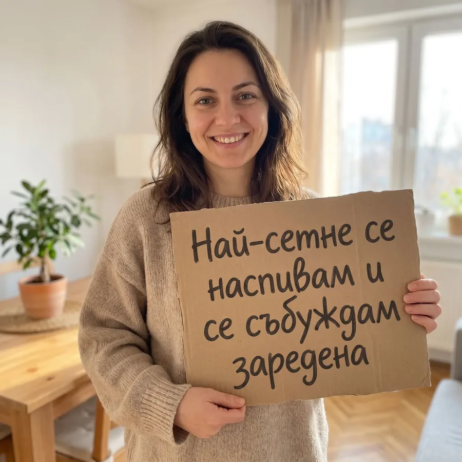 A woman holding a cardboard sign about finally getting enough sleep and waking up charged.