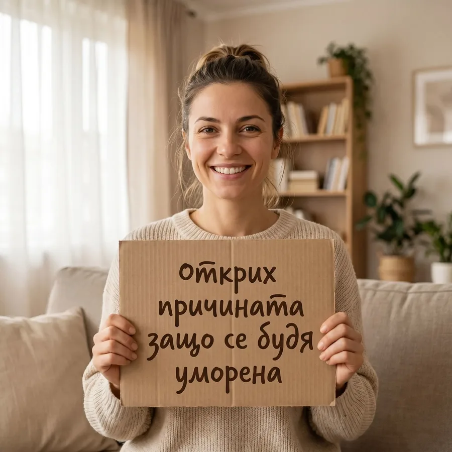 A woman holding a cardboard sign about finding the reason she kept waking up tired.