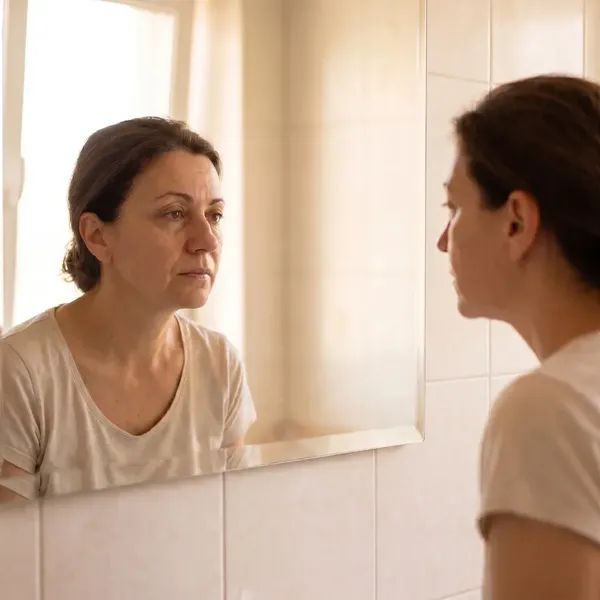 An ad showing a woman looking at herself in a bathroom mirror in soft morning light.