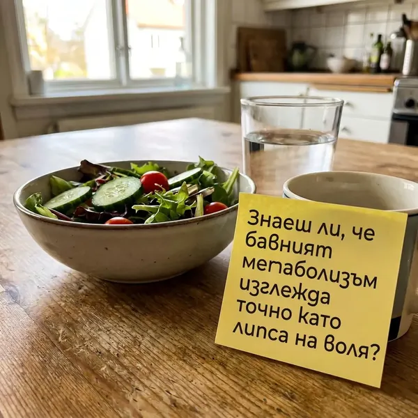 An ad showing a handwritten yellow sticky note propped against a bowl of salad on a kitchen table.