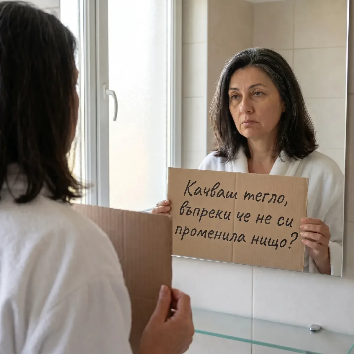 An ad showing a woman in a bathrobe facing a mirror, holding a handwritten cardboard sign.